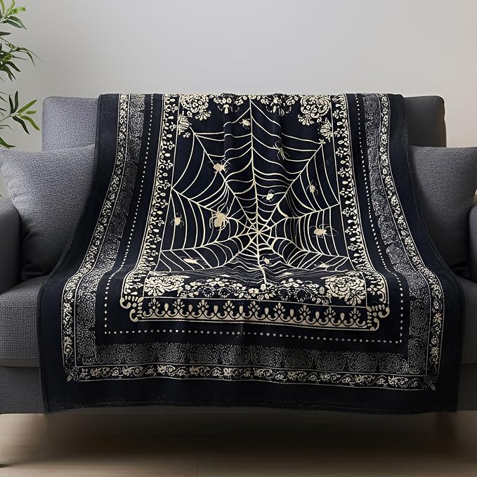Breling Spider Web Blanket 72” x 51” Halloween Gothic Throw Soft Flannel