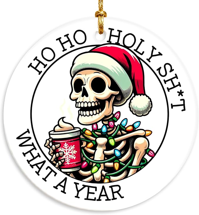 Ho Ho Holy Sh*t What a Year Skeleton Christmas Ornament 2026 - Santa Skull Lights Ceramic Hanging Xmas Tree Decor Keepsake - Sarcastic for Friend, Coworker, Brother, Sister, Dad, Mom - sugar skull ornament