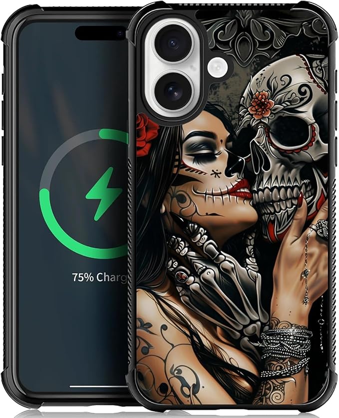 CARLOCA for iPhone 17 Case Compatible with Magsafe Day of The Dead Skeleton Girl Love Pattern for Girl Ultra Protection Shockproof Soft Silicone TPU Non-Slip Back - Skull phone case