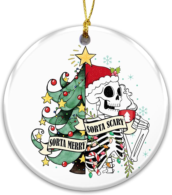 Skull Christmas Ornament – Sorta Merry Sorta Scary Funny Skeleton Santa Claus – Unique Xmas Tree Decoration, Home Décor Gift for Friends & Family - sugar skull ornament