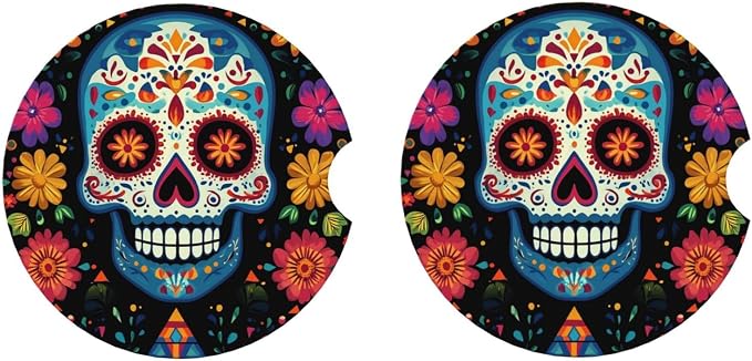 Ceramic Coasters for Drinks White Drink Coasters with Metal Holder Sugar Skulls Ceramic Coaster Set of 2 Tabletop Protection Mat for Home Decor - skull coaster