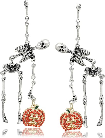 RechicGu Halloween Jointed Skeleton Pumpkin Earrings for Women Gothic Swing Hand Skull Dangle Earrings Crystal Pumpkin Earring for Halloween Costume Accessories Cosplay Jewelry Gift - sugar skull costume