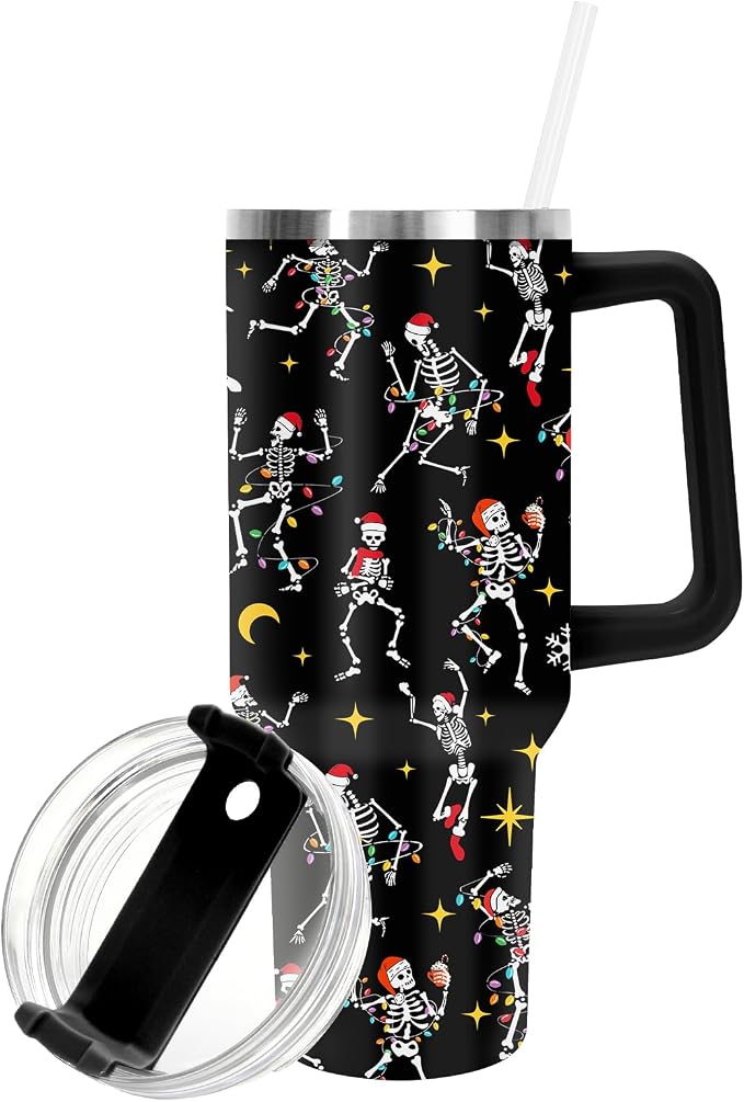 FYSUIMU Christmas Tumbler with Handle Stainless Steel Cup 40oz Black Dancing Skeleton Tumbler with Lid Straw for Xmas Winter Home Office Travel - skeleton