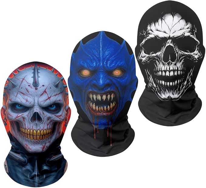 Red Plume 3PCS 3D Breathable Balaclava Masks Full Face Cover Halloween Neck Gaiter Mesh Ghost Hood Headwear Bandana Head Wrap - sugar skull costume