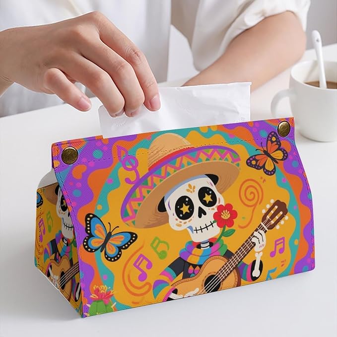 PU Leather Tissue Box Cover Rectangle - Sugar Skull Waterproof Tissue Holder for Tall Tissues Boxes, Decorative Tissues Box Organizer for Bathroom, Car, Bedroom, Desk Tabletop Decor - skull toilet paper