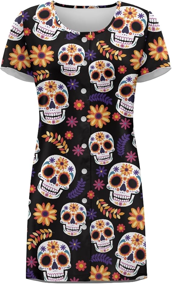 Novelty Print Womens Nightgowns Knee Length Sleepwear Round Neck Short Sleeve Nightshirt for Thanksgiving Halloween - skull pajamas
