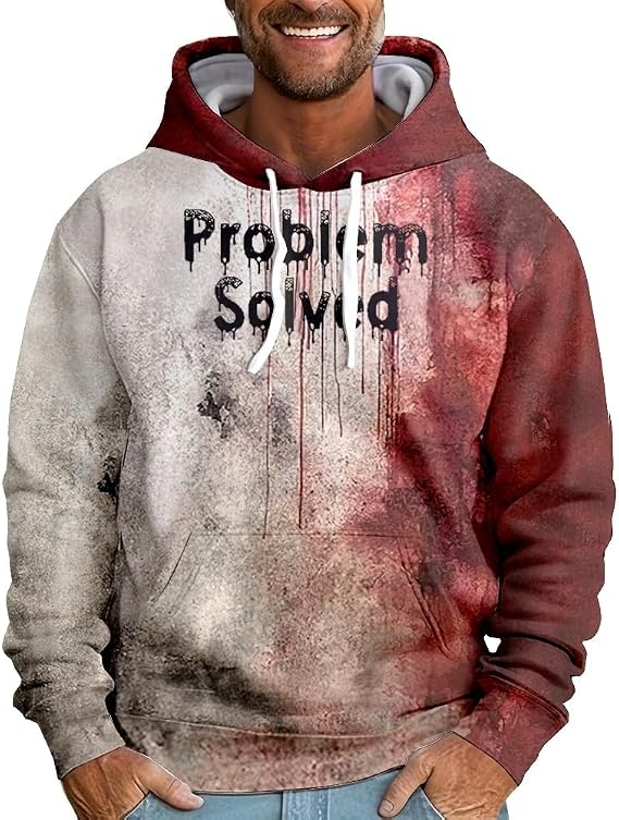Mens Vintage Bloody Problem Solved Halloween Hoodies Long Sleeve Pullover with Pocket - skull hoodie