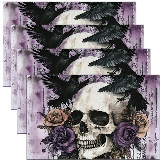 Erosebridal Gothic Skull Design Placemats Set of 4 12x18 Purple Bones Skeleton Table Mats Goth Sugar Skull Pattern Place Mat Retro Crow Rose Table Decor for Party Kitchen Dining - skull ashtray
