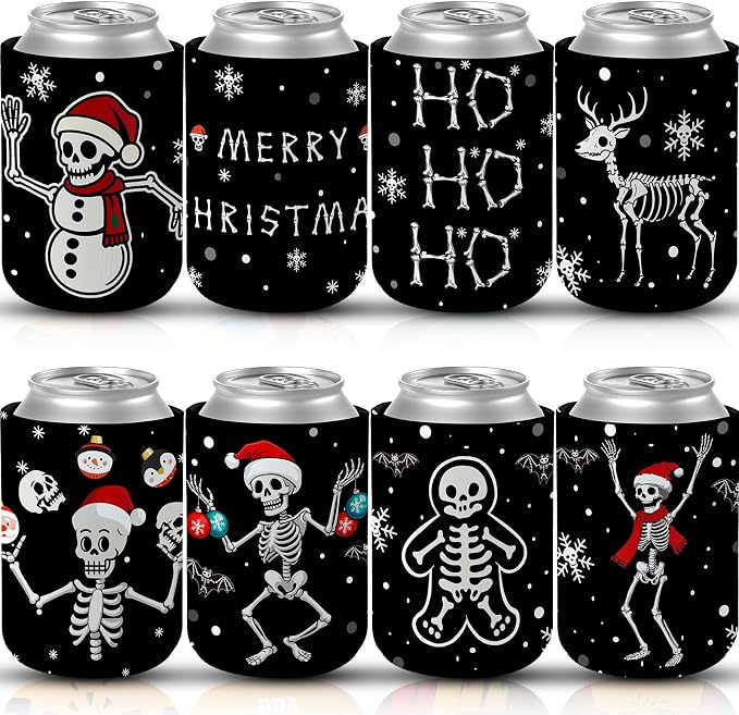 24 PCS Funny Christmas Skeleton Can Coolers Sleeves 12 OZ Xmas Skull Ornament Can Covers, Funny Neoprene Covers for Xmas Party Supplies Family - skeleton