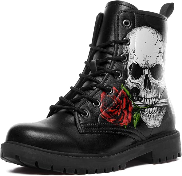 Custom Black Combat Boots for Women Fashion Lace-Up Skull Rose Ankle Booties Chunky Heel Platform Leather Boots