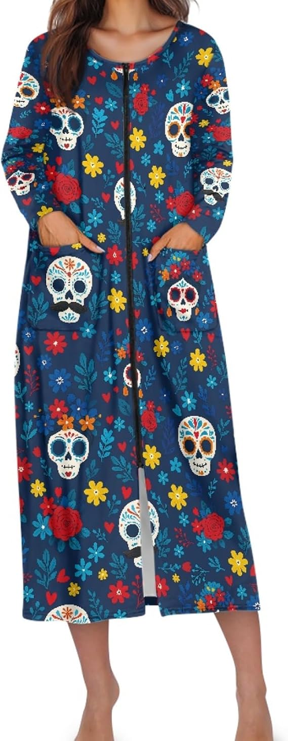 Suobstales Women Zipper Robe Long Sleeves Bathrobe Sleepwear Warm Soft Housecoat with Pockets Zip Up House Dresses - skull pajamas