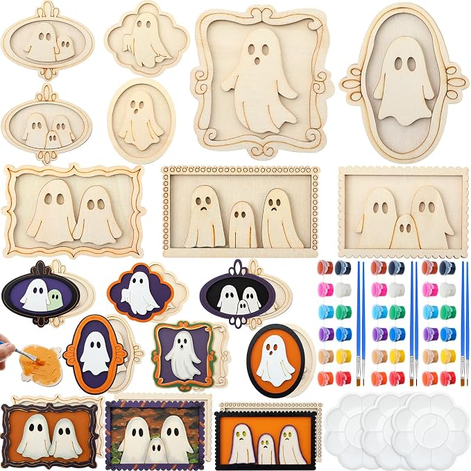 Weysat 27 Pcs Wooden Halloween Crafts Kits, Ghost Painting Framed