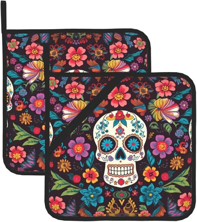 Pot Holders Set of 2 Heat Resistant Oven Hot Pads Sugar Skulls and Flowers Pot Holders Soft Cotton Lining Potholders Non-Slip Kitchen Potholders for Cooking Oven BBQ Baking Kitchen Accessories - skull ashtray