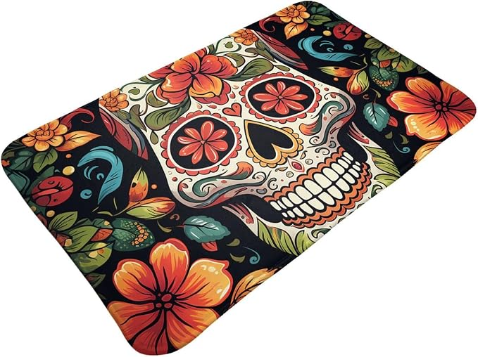 Doormat Welcome Door Mat 20 X 31.5 Inch Non-Slip Absorbent Bath Rug Soft Washable Floor Mat Colorful Sugar Skull Carpet for Stylish Kitchen Bedroom Bathroom Decor - skull floor mat