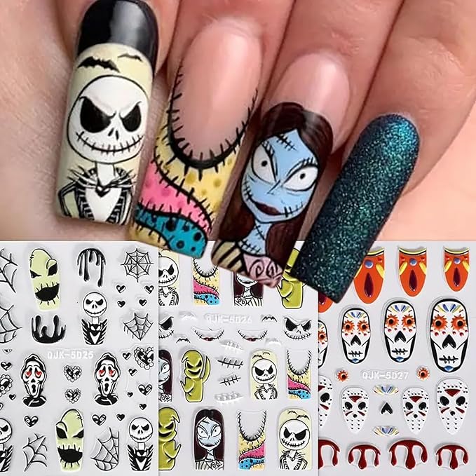 3 Sheets Halloween Nail Art Stickers Decals Pink Skull Spider Web Sugar Skull Nail Decoration 3D Self-Adhesive Nightmare Christmas Stickers for Women Girls - skull sticker