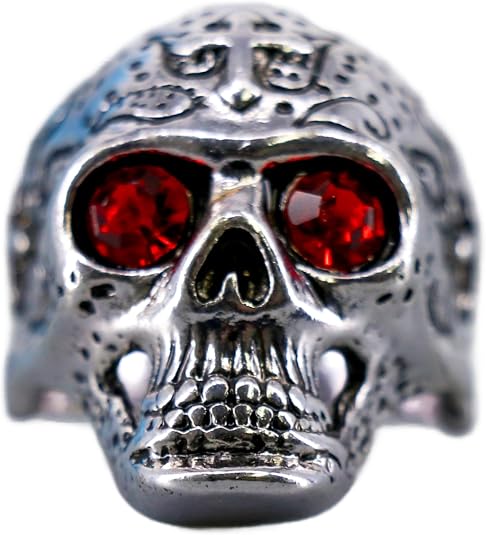 Gothic Skull Ring with Red Crystal Eyes, Silver, Metal Band - skull ring