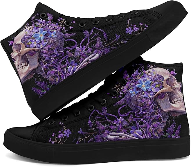 High Top Canvas Sneakers with Skull Floral, Lightweight Casual Walking Goth Shoes for Streetwear Skate Travel