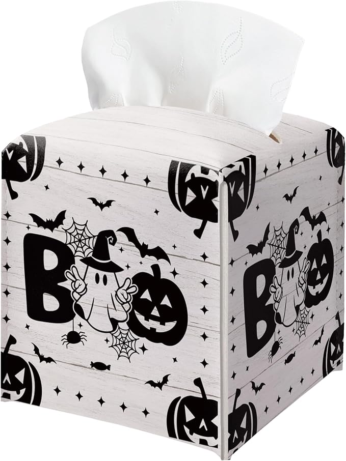 Boo Halloween Tissue Box Holder, Black Spooky Pumpkin Leather Tissue Box Cover Square, Horror Facial Paper Organizer Dispenser Toilet Paper Holder for Bathroom Kitchen Office Home Decor-A11 - skull toilet paper