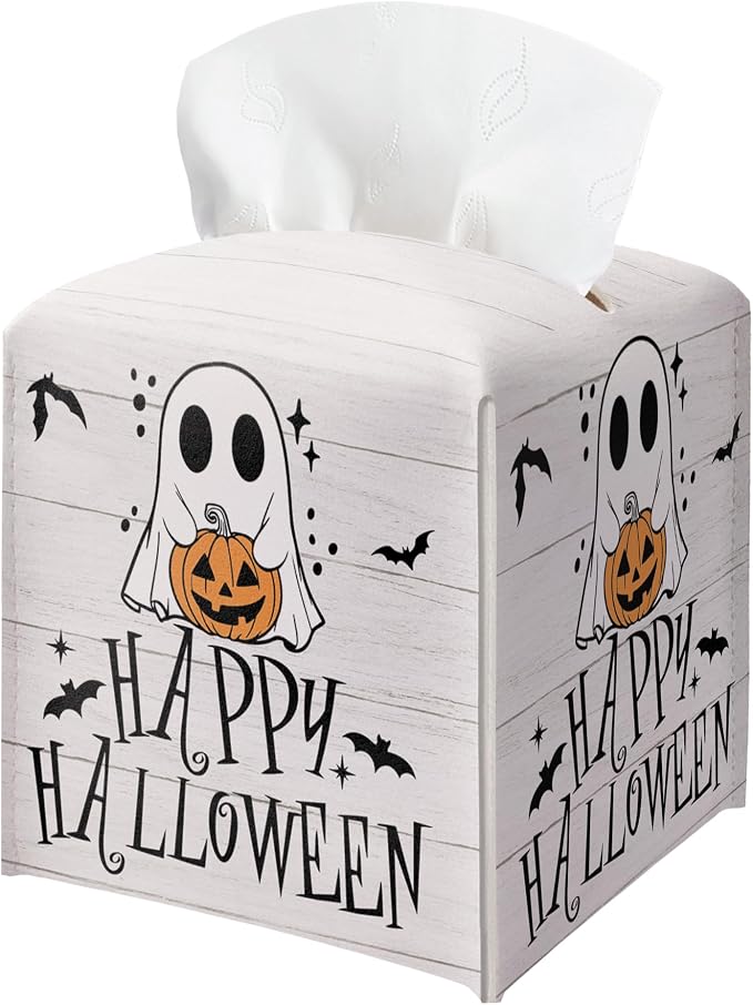 Happy Halloween Tissue Box Holder, Ghost Pumpkin Leather Tissue Box Cover Square, Cute Facial Paper Organizer Dispenser Toilet Paper Holder Decor for Bathroom Kitchen Office Home Accessory-A03 - skull toilet paper