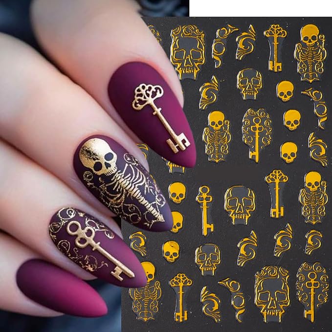 Spooky Halloween Art Nail Stickers Decals Gold Skull Nail Decals 6PCS 3D Self-Adhesive Glitter Spider Web Heart Skeleton Butterfly Design Supply Gothic Festive Stickers for Women DIY Nail Decorations - skull sticker
