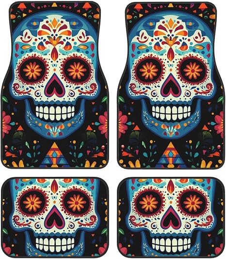 Car Floor Mats 4 Piece Universal Automotive Floor Mats Sugar Skulls Car Mat Set Rubber Floor Mats for Cars Non-Slip Car Foot Pad Car Carpet Decor Heel Pad for Most Vehicles - skull carpet