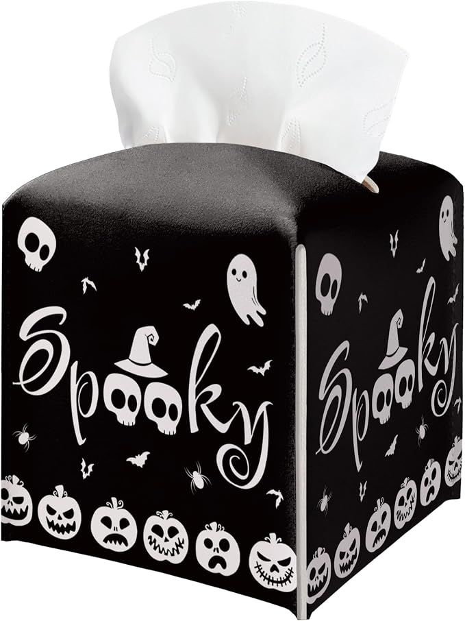 Halloween Tissue Box Holder, Black Spooky Pumpkin Leather Tissue Box Cover Square, Horror Facial Paper Organizer Dispenser Toilet Paper Holder for Bathroom Kitchen Office Home Decor-A10 - skull toilet paper
