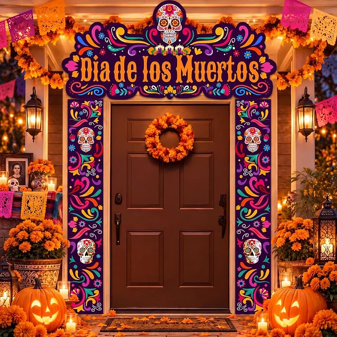 Frienda 3 Dia De Los Muertos Door Decor Day of The Dead Banner Sign Porch - skull carpet