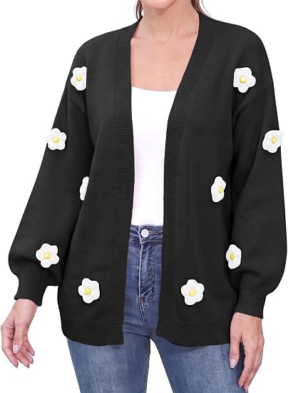 Women's Knit Cardigan 3D Floral Open Front Long Sleeve Fall Winter Crochet Outerwear Sweater - skull jacket