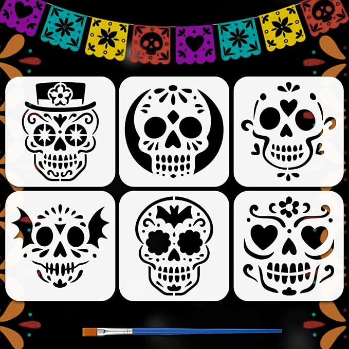 FINGERINSPIRE 6PCS Sugar Skull Painting Stencils with Brush 5.9x5.9inch Cartoon Skull Drawing Templates Decorative Halloween Day of The Dead Theme Stencils for Wall Floor Furniture Decoration - skull sticker