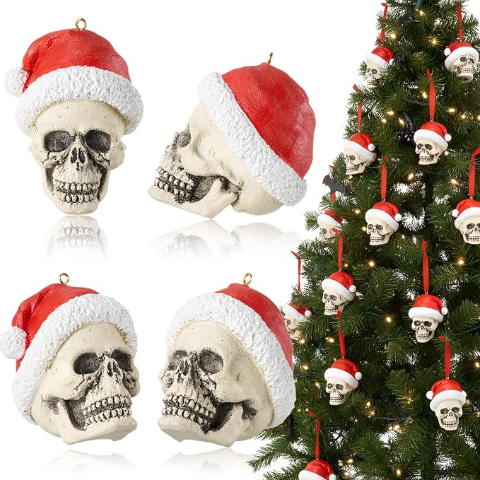 4 Pcs Skull Christmas Ornaments 2.6", Santa Hat Resin Decor - skeleton