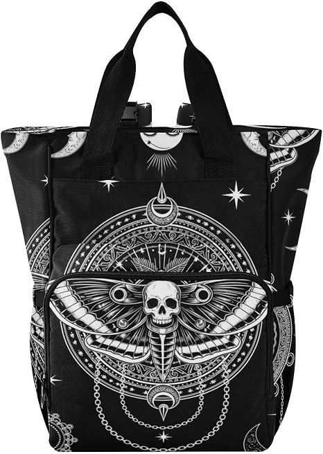 Emelivor Moon Skull Black Diaper Bag Backpack Insulated Pockets Organizer Bag Diaper Backpack for Boy Girl Mama Travel Mom Dad - skull backpack