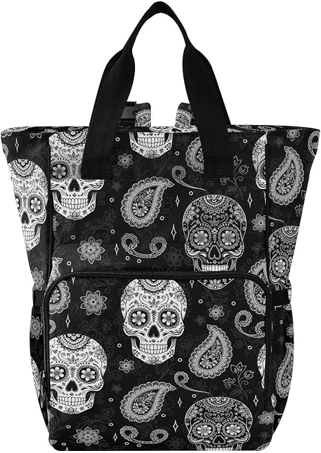 Emelivor Black White Floral Skull Diaper Bag Backpack Large Capacity with Insulated Pockets Baby Bag Diaper Bags for Boy Girl Unisex Baby Women Travel - skull suitcase