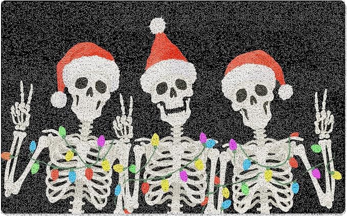 Halloween Skeleton Gothic Christmas Welcome Mats for Front Door, Funny Black Goth Santa Skull Xmas Doormat Outdoor Indoor Entrance Entryway Porch, Skeleton Gothic Goth Decor 17x39 - skull door mat