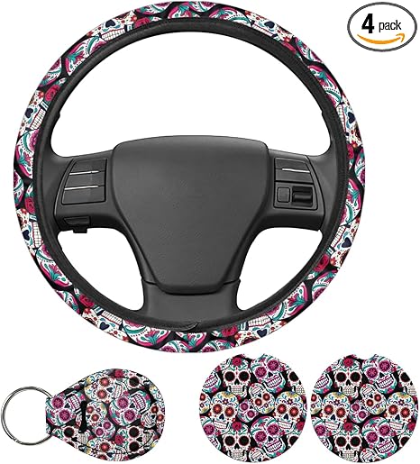 Sugar Skull 4pcs Steering Wheel Cover Set - Car Cup Coasters & Keyring Car Accessories Universal Fit 14.5-15 inch Wheel Auto SUV Sedan Vans Trucks - skull coaster
