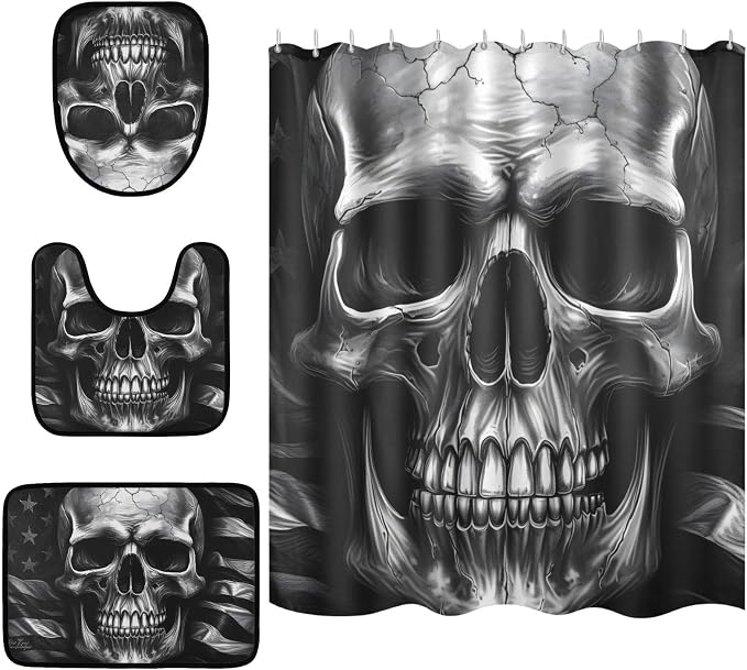 4Pcs Curtain Sets Cool America Skull with Rugs Bathroom Sets with Shower Curtain and Rugs, Fashion Bathroom Decor Accessories with Mats Toilet Lid Cover - skull toilet mat