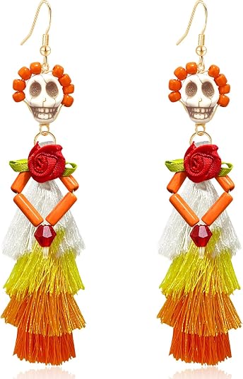 Handmade Unique Tassel Skeleton Flower Dangle Drop Earrings Creative Sparkly Crystal Bead Skull Hook Earrings For women - sugar skull makeup