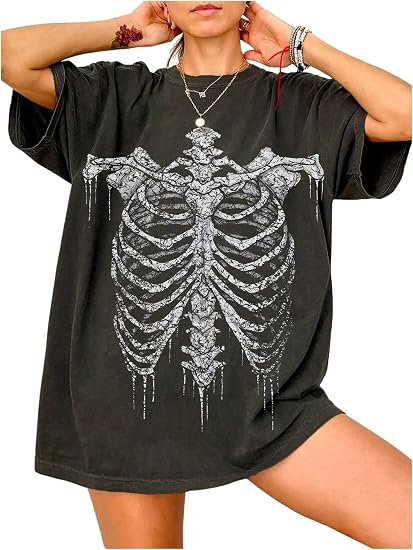 BEAUDRM Women's Grunge Shirts Oversized Skeleton Gothic Halloween Shirts - skull tshirt