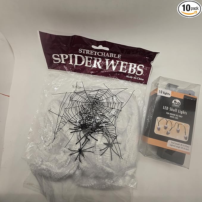 Seasonal Collection LED Skull String Lights, White, Indoor Use, 10 Lights, 3ft Total Length, Battery Operated and Spooky Spider Web and Spiders SHalloween Decor - string light