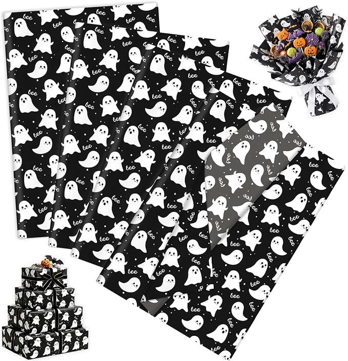 60 Sheets Ghost and Boo Tissue Paper, 20 x 14in Lovely Ghost Print Wrapping Tissue Cute Ghost Art Decorative Tissue for Happy Boo Day Baby Shower Birthday Party Supplies (Black) - skull toilet paper
