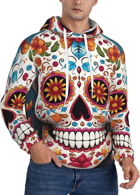 Men's Fleece Pullover Hoodie Long Sleeve Hooded Colorful Sugar Skull Sweatshirt Casual Shirts With Pockets Medium Black - skull sweatshirts