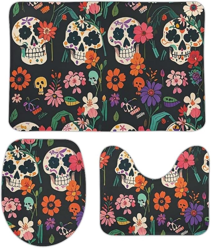 Bathroom Rugs Sets 3 Piece Day of The Dead Floral Skull Patterns Bath Mat for Bathroom Super Absorbent Shower Rug Non-slip Floor Mat Quick Drying Bath Rug for Bedroom Kitchen Sink Bathtub Edge 20x32 I - skull toilet mat