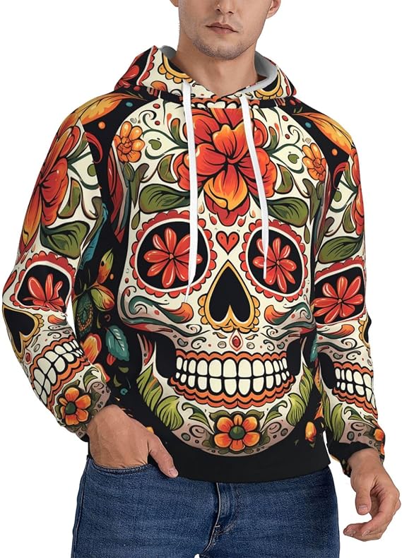 Men's Fleece Pullover Hoodie Long Sleeve Hooded Colorful Sugar Skull Sweatshirt Casual Shirts With Pockets X-Large Black - skull hoodie