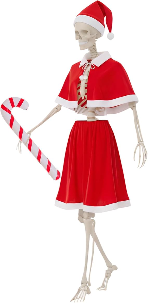 Tarpop 12 ft Giant Skeleton Santa Costume Set with Hat Shawl Skirt Cane - skeleton