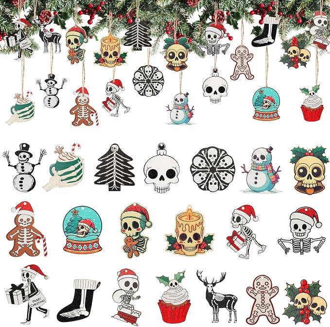 Novabright 40 Pcs Skeleton Christmas Tree Hanging Ornaments 3.5 Inch Skull Christmas Ornaments Gothic Spooky Skeleton Wooden Xmas Tree Decorations Gifts Party Supplies - skeleton