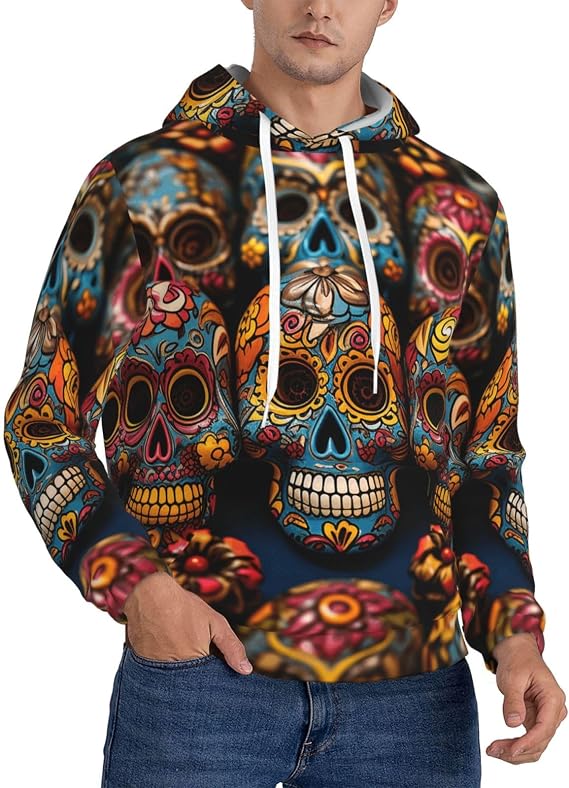 Men's Fleece Pullover Hoodie Long Sleeve Hooded Colorful Sugar Skulls Sweatshirt Casual Shirts With Pockets 3X-Large Black - skull hoodie