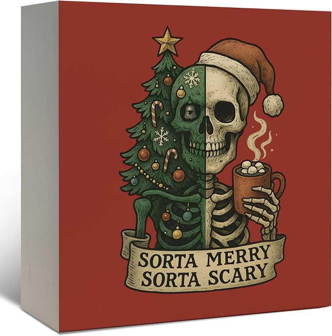 Red Christmas Skeleton Decorations, Gothic Christmas Skeleton Wooden Box Sign, Sorta Merry Sorta Scary Xmas Skull Tree Wood Signs for Home Office Desk Tabletop Shelf Wall Decoration 5x5 Inch - skeleton