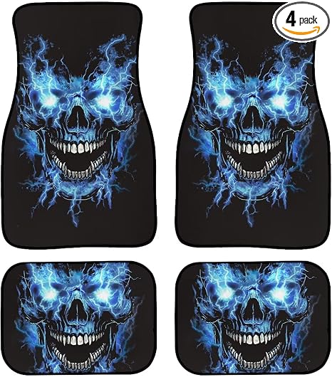 Blue Skull Auto Floor Mat Protector Universal Skull Car Floor Mats 4 Piece Non Slip Rubber Car Rugs Carpet Mats Full Set Washable Skulls Automotive Accessories, Blue - skull carpet