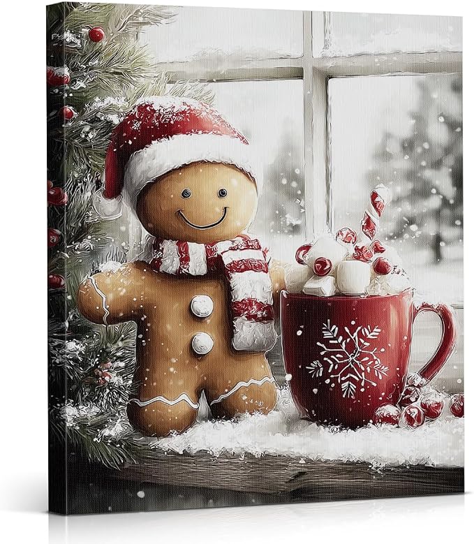 Cute Gingerbread Christmas Wall Art Prints Gingerbread Winter Holiday Pictures Artwork Vintage Christmas Wall Decor for Home Living Room Bedroom 8x10 Inch Framed - skull wall art