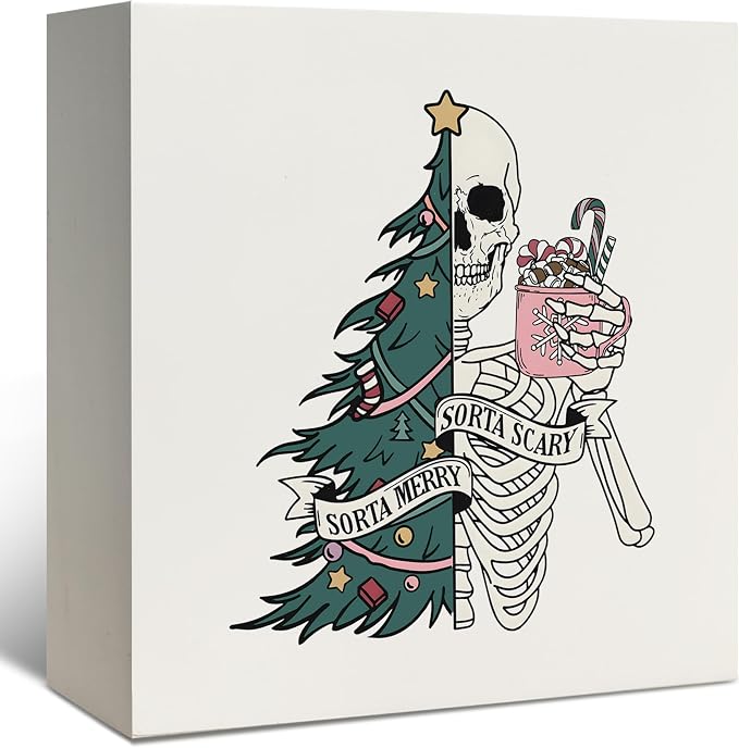 Christmas Skeleton Decorations, Gothic Christmas Skeleton Wooden Box Sign, Sorta Merry Sorta Scary Xmas Skull Tree Wood Signs for Home Office Desk Tabletop Shelf Wall Decoration 5x5 Inch - skeleton