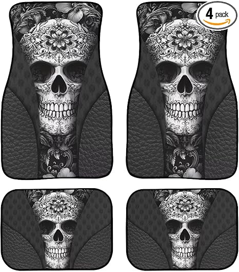 Black Skull Car Floor Mats for Men, Non Slip Automotive Floor Mats Rubber Washable Cars Foot Mat Skull Car Accessories for SUV Vehicles Trucks Van Sedans, Black, 4 Piece
